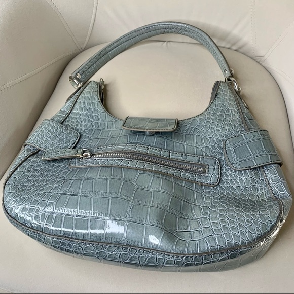 Guess Satchel Handbag Light Blue Faux Croc Bow - Picture 4 of 6